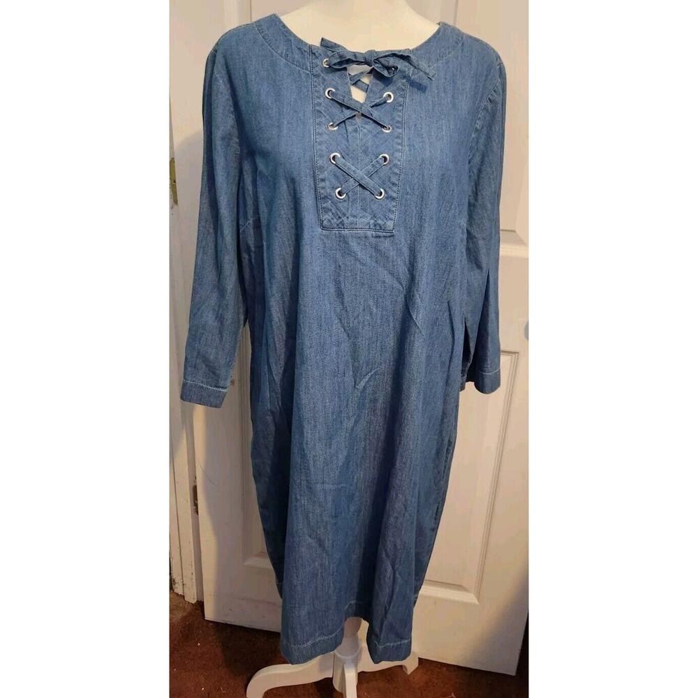 Talbots Chambray Shift Dressβ Womens 16P Lightweight 3/4 Sleeve Laced Denim NWT